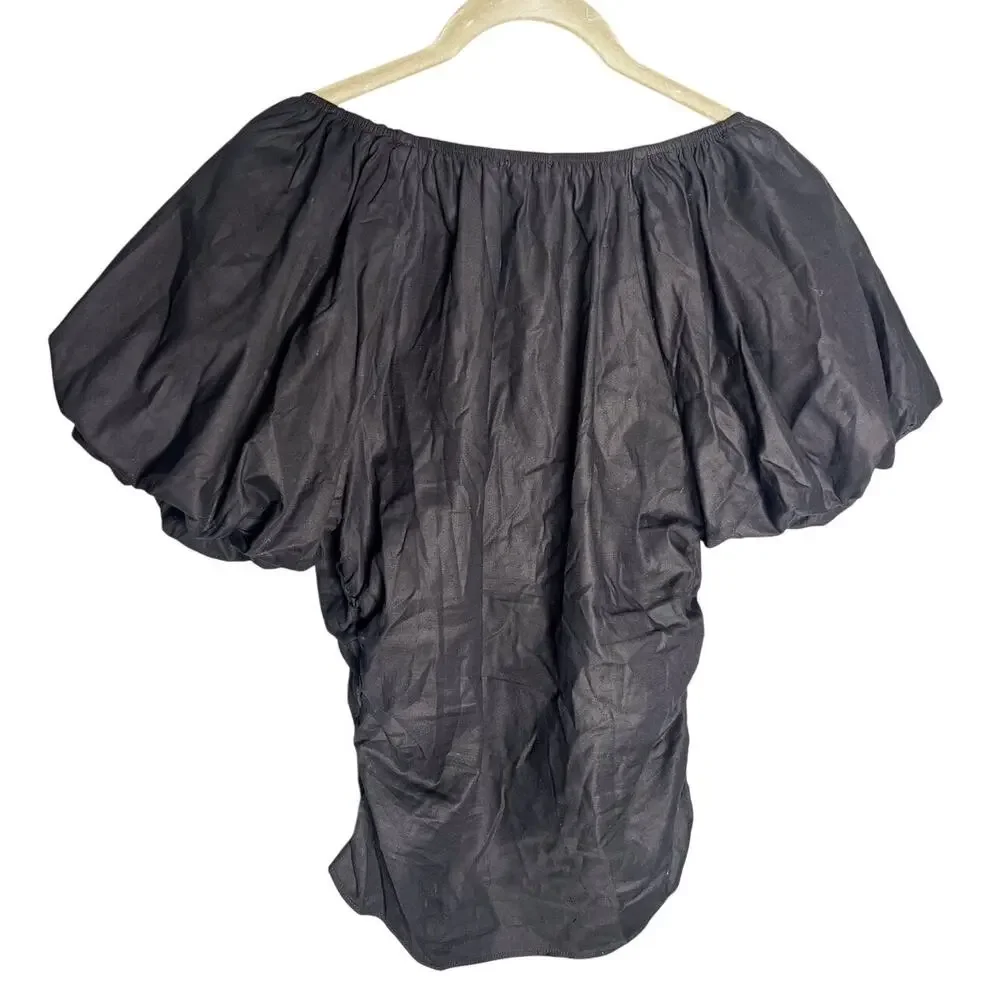 Reformation Sonny Puff Sleeve Top Size 10‎ Black Short Sleeve Ruched Blouse